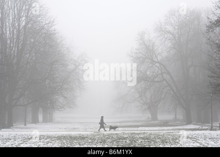 Signora a piedi un cane in una nebbiosa giornata invernale Foto Stock