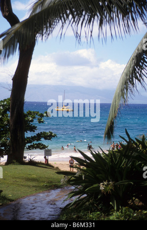 Barca sul mare vista tra alberi sulla spiaggia, Maui, Hawaii, STATI UNITI D'AMERICA Foto Stock