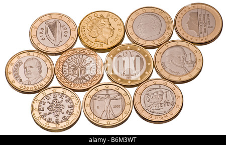 Dieci 1 monete metalliche in euro e sterlina britannica Coin Foto Stock