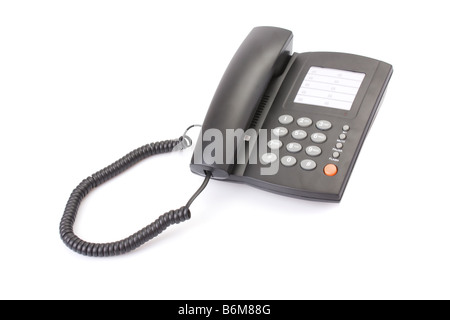 Telefono ufficio con cavo sinuose isolato su bianco Foto Stock