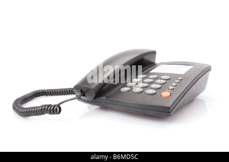 Telefono ufficio con cavo sinuose isolato su bianco Foto Stock