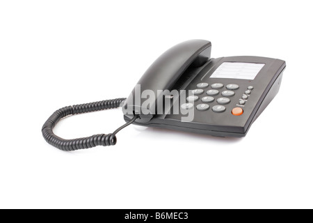 Telefono ufficio con cavo sinuose isolato su bianco Foto Stock