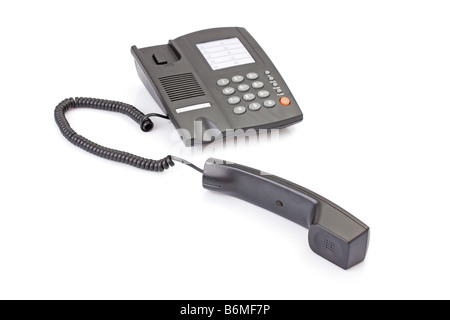 Telefono ufficio off hook con cavo sinuose isolato su bianco Foto Stock