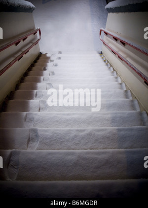 Passaggi coperti di neve e le orme con Red hand rail Foto Stock