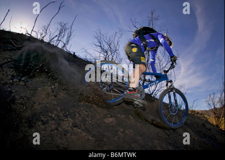 Trial Bike champion e freeride Mountain bike pioneer, Hans Rey, equitazione in Malibu, California Foto Stock