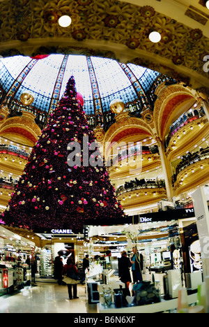 Parigi Francia, Shopping 'Galeries Lafayette' French Department Store, le luci di Natale su albero di Natale, decorazioni per le vacanze Foto Stock