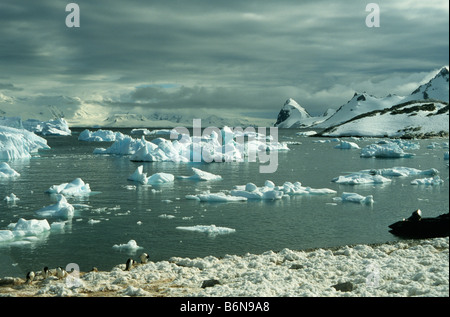 Ice-scape con un Zodiac a de Cuverville Island, Antartico peninsulare Foto Stock