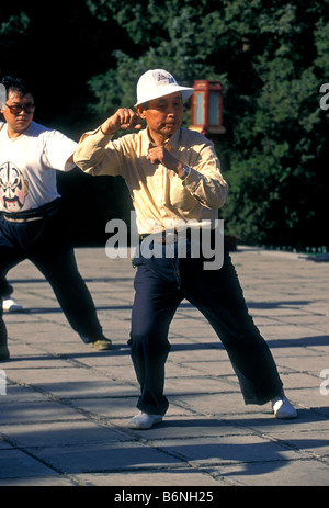 Uomo cinese di eseguire taichi, ginnastica mattutina, Tempio del Paradiso Park, Tiantan Park, Pechino, Municipalità di Pechino, Cina, Asia Foto Stock