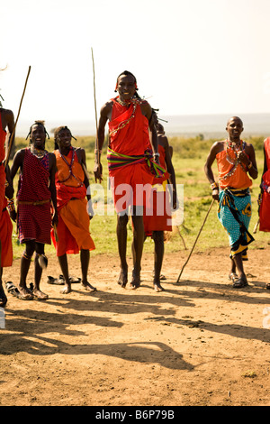 Maasia mara uomini cerimonia di benvenuto Foto Stock