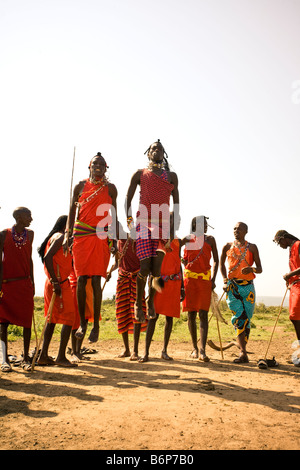 Maasia mara uomini cerimonia di benvenuto Foto Stock