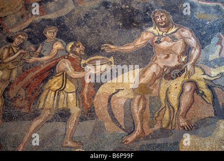 Ulisse e Polifemo mosaico a Triclinio Villa Romana del Casale vicino a Piazza Armerina Sicilia Italia Foto Stock