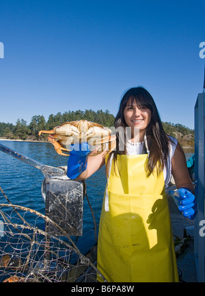 Giovane donna asiatica mantiene fresco pescato granchi che ha appena pescato in British Columbia, Canada Foto Stock