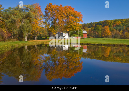 I colori autunnali che circonda una casa colonica e tradizionale granaio rosso Bennington county Vermont USA Stati Uniti d'America Foto Stock