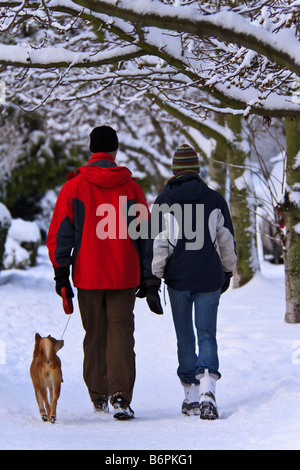 Coppia con cane a camminare nella neve lungo Highland Drive sulla Queen Anne Hill di Seattle, Washington Foto Stock