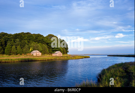 Nauset Marsh e baracche di rustico che conducono a Cape Cod National Seashore, Eastham, MA Foto Stock