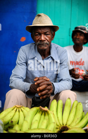 Un anziano gentiluomo la VENDITA DELLE BANANE IN UN MERCATO IN CASTRIES ST LUCIA Foto Stock