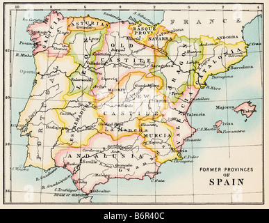 Mappa delle ex province di Spagna. Litografia a colori Foto Stock