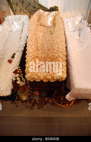 Esempio della bara di rivestimento su 'Memento' funerale Expo di Varsavia, Polonia Foto Stock