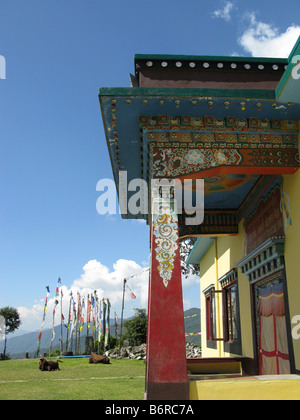 Le vacche e le bandiere di preghiera presso il convento di Nagi Gompa, Shivapuri, valle di Kathmandu, Bagmati, Himalaya, Nepal, Asia centrale Foto Stock