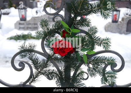 Memorial croce con una rosa rossa al cimitero di Mayrhofen Austria Europa Foto Stock