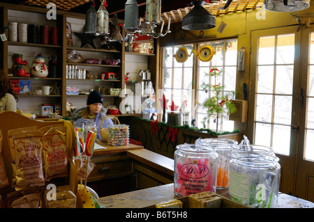 Ragazza giovane occhiatura candy in circa 1850 Pioneer Village generale store Black Creek Toronto Foto Stock