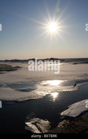 Tramonto su formazioni di ghiaccio nel lago Michigan Foto Stock