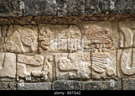 Chichen Itza Stone Relief incisioni immagini dei guerrieri | CHICHEN ITZA, Messico - Un pannello di rilievo ravvicinato a Chichen Itza mostra figure sedute e serpenti avvolti accanto a quelle che sembrano essere teste di aquila o guerriero giaguaro, immagini ricorrenti di predatori-guerrieri dal programma scultoreo Terminal Classic del sito. L'aquila e jaguar formarono i due principali ordini guerrieri divisi tra Chichen Itza e la capitale tolteca di Tula, un allineamento che gli studiosi citano come prova di profonde relazioni culturali tra le due città. Foto Stock