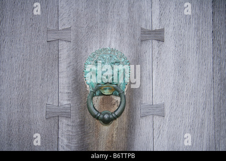 Dettaglio della grande porta in legno di quercia a Howick Hall, Alnwick, Northumberland. Foto Stock