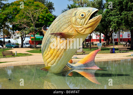 Fontana con la statua di un Characin o Piraputanga Brycon hilarii nella piazza centrale a Bonito Mato Grosso do Sul in Brasile Foto Stock