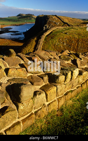 Vista ad ovest verso il greppo Lough da acciaio Rigg vicino a due volte prodotta, il vallo di Adriano, parco nazionale di Northumberland, Northumberland Foto Stock