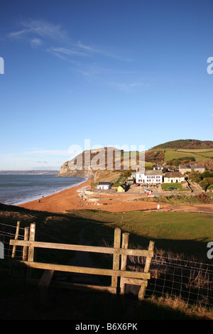 Vista lungo la spiaggia di ciottoli a Seatown, un borgo vicino a Chideock dominato da Golden Cap la più alta scogliera sulla costa sud Foto Stock