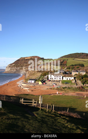 Vista lungo la spiaggia di ciottoli a Seatown, un borgo vicino a Chideock dominato da Golden Cap la più alta scogliera sulla costa sud Foto Stock