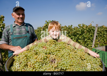 Viticoltore Erich Meyer con gis nipote Robin presso l'annata Foto Stock