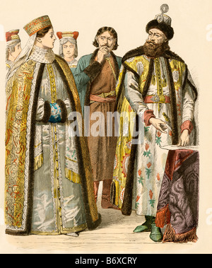 Boiardi russi o nobili durante il tempo di Pietro il Grande 1600s 1700s. Colorate a mano la stampa Foto Stock