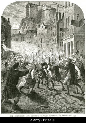 Edinburgh mob che trasportano il capitano John Porteous esecuzione 1737 omicidio Portsburgh Tolbooth prigione linciato Foto Stock