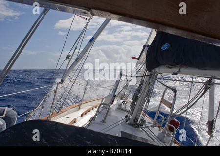 La prua si blocca in onda su un Crealock 34 barca a vela facendo un passaggio di Dicembre da noi a metà costa Atlantica ai Caraibi Foto Stock