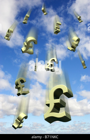 La caduta di denaro in valuta GBP sterlina simboli contro un cielo blu - composito digitale Foto Stock