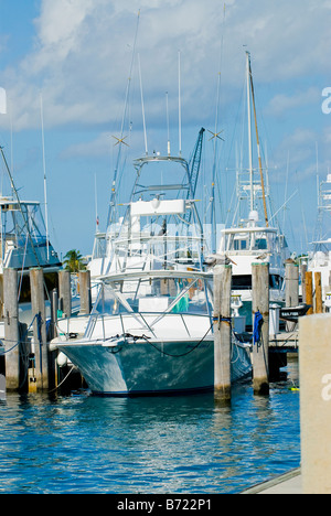 Sailfish Marina , polso mare gioco motore potenza di pesca barche con radar ormeggiati a Marina con cielo blu e nuvole Foto Stock