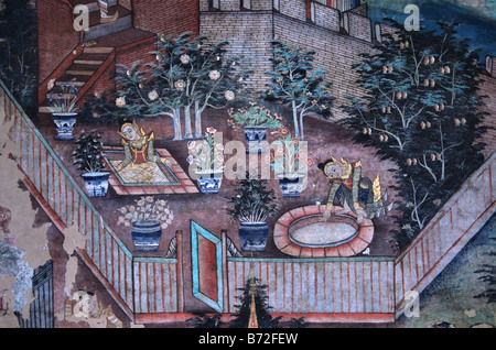 Royal Walled Garden Paradiso o scena in un murale tailandese o pittura murale, Wihan Lai Kham, Wat Phra Singh, Chiang Mai, Thailandia Foto Stock