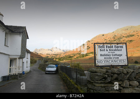 Caduto il piede in fattoria poco Langdale con The Langdale Pikes in background nel distretto del lago REGNO UNITO Foto Stock
