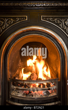 Legno e carbone fuoco nella griglia di un ornati in ghisa camino Foto Stock
