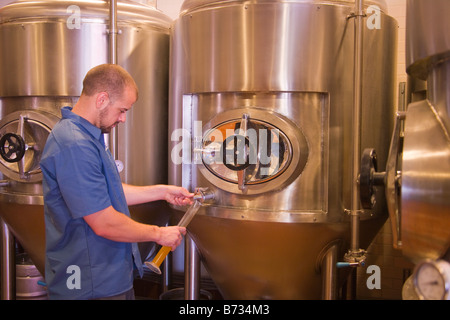 Birraio assistente Tim Maddox controlla la birra Hollister Brewing Company Goleta in California negli Stati Uniti d'America Foto Stock