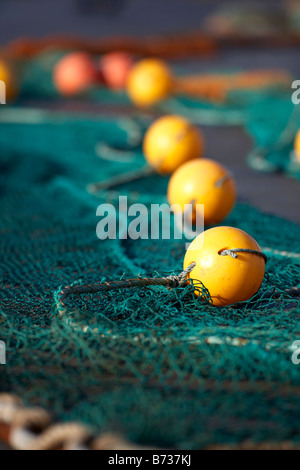 Rete da pesca con galleggianti di colore giallo giacente fuori sul molo ad asciugare al sole la contea di Down Irlanda del Nord Regno Unito Foto Stock