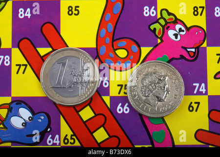Una moneta in euro e sterlina moneta su un serpenti e scale con scheda di euro sulla scaletta e cancelletto sullo Snake Foto Stock