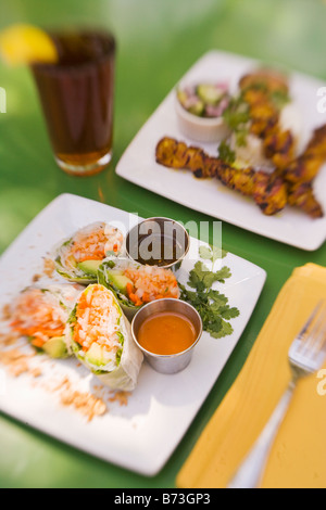 Gamberi freschi avocado involtini primavera Singapore pollo satay Novo Ristorante San Luis Obispo California Foto Stock