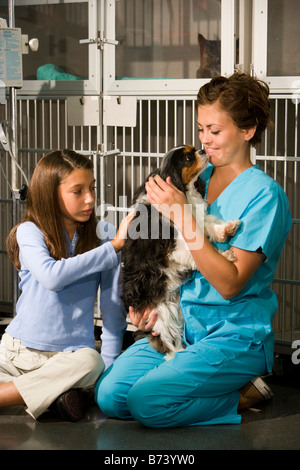 Assistente veterinario con una ragazza e il PET in una clinica veterinaria Foto Stock