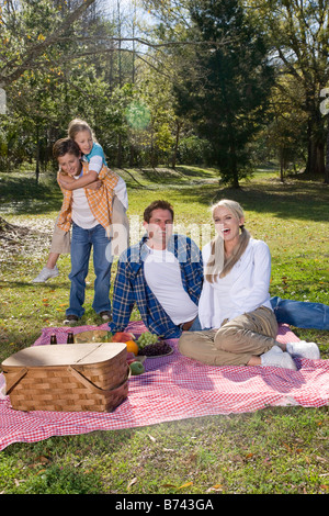 Famiglia avente divertimento su picnic nel parco Foto Stock