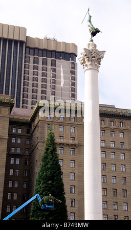 La preparazione di un albero di Natale in San Francisco Union Square Foto Stock