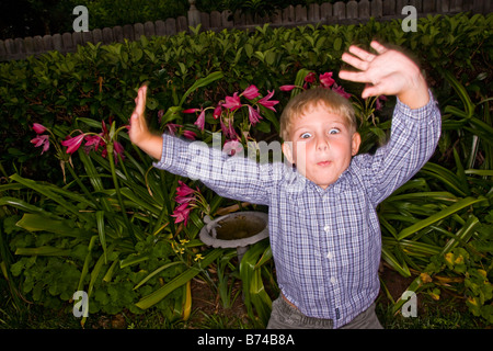 Ragazzo che si affaccia nel giardino Foto Stock