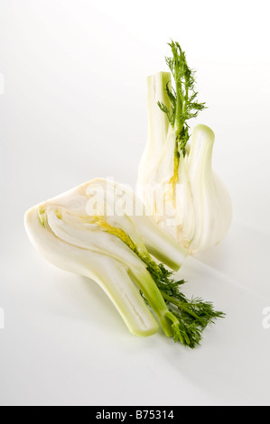 Quarti di materie finocchio. Mostra la deliziosa consistenza all'interno e la sua brillante delicato foglie. All anice vegetali. Foto Stock